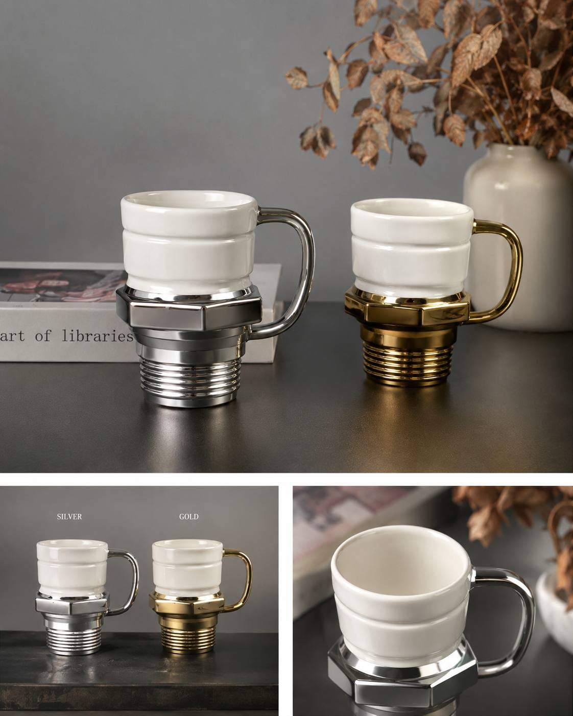 A creative set of two ceramic coffee mugs designed to resemble automotive glow plugs, featuring cream-colored cups with shiny silver or gold-colored bases and handles, displayed on a dark table against a grey background.