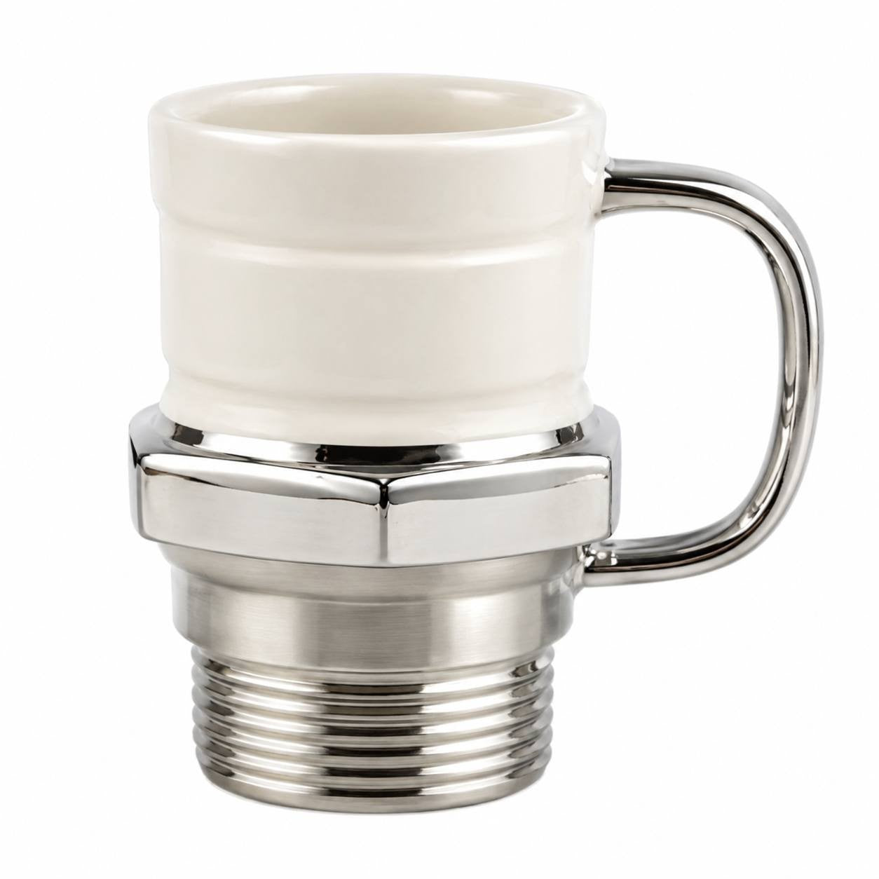 A detailed studio shot of a single ceramic coffee mug with a cream-colored body and a polished silver-colored base, handle, and screw thread design, sculpted to look like a glow plug, isolated on a white background.