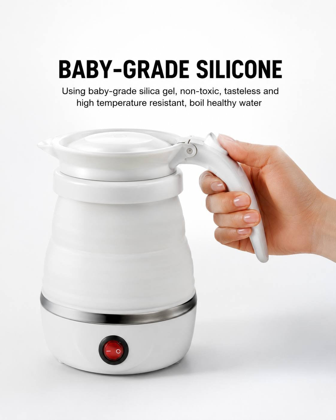 Close-up view of a hand holding the handle of the white collapsible kettle, emphasizing its baby-grade silicone material.