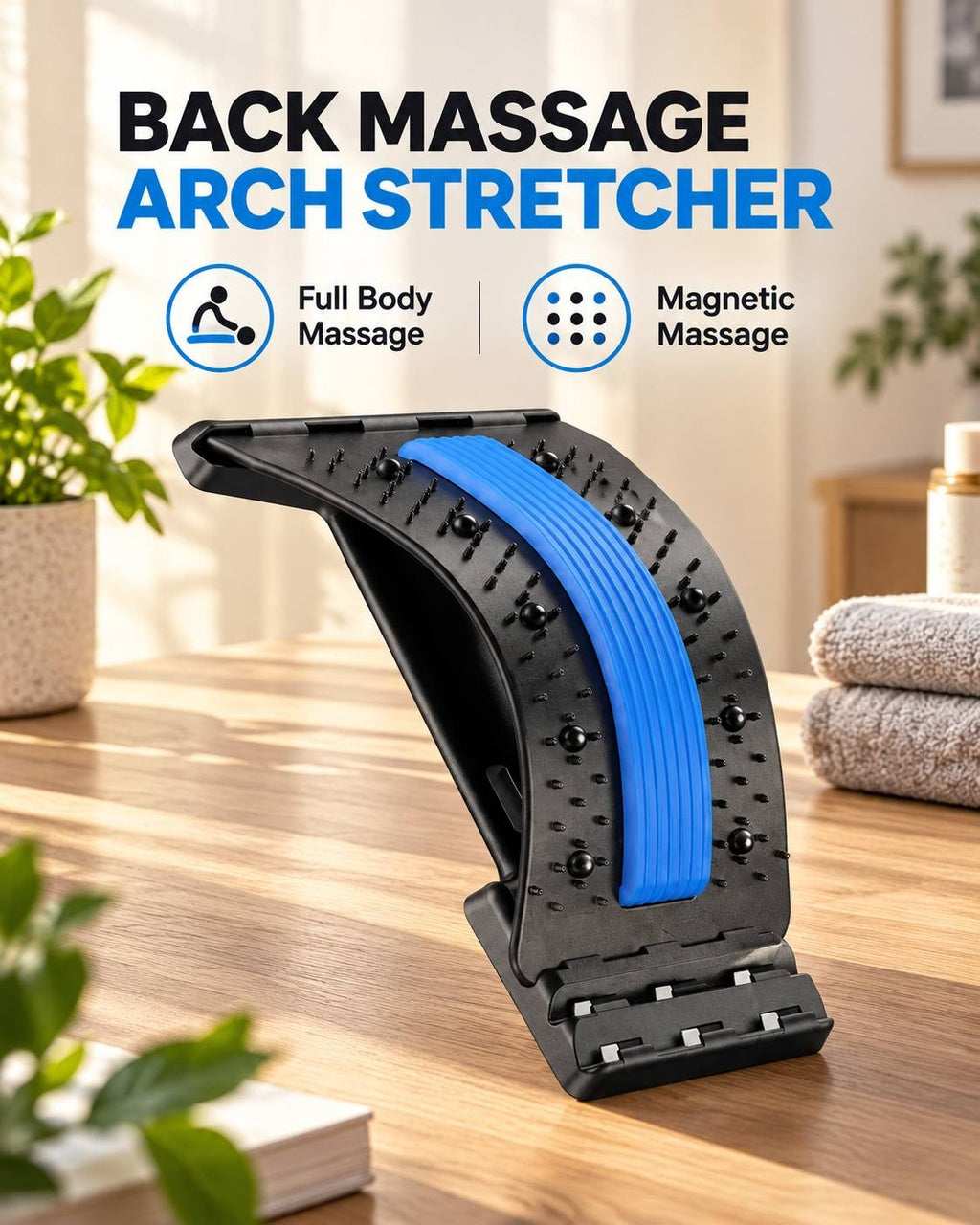Studio product shot showing the black and blue back massage arch stretcher standing vertically on a wooden table, emphasizing full body massage and magnetic features.