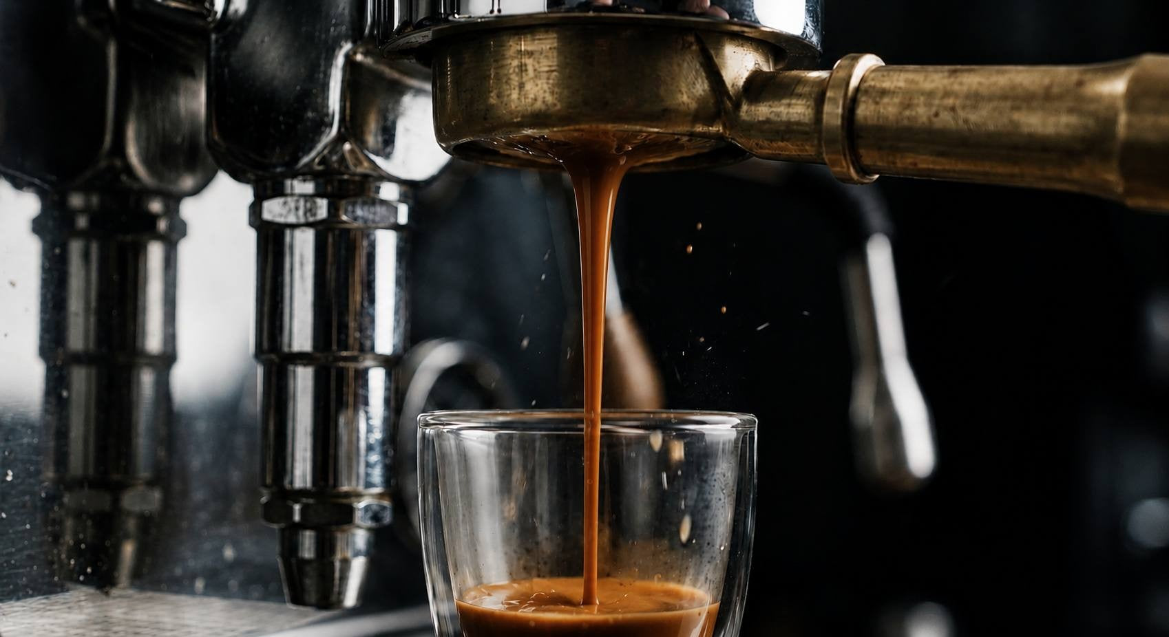 Espresso being poured from a machine into a glass cup.