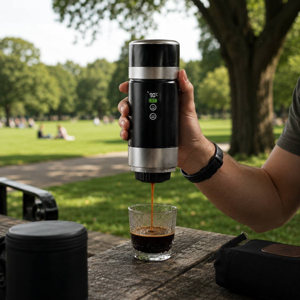 Hand holding a black electric portable espresso maker pouring freshly brewed coffee into a glass cup on an outdoor stone table.