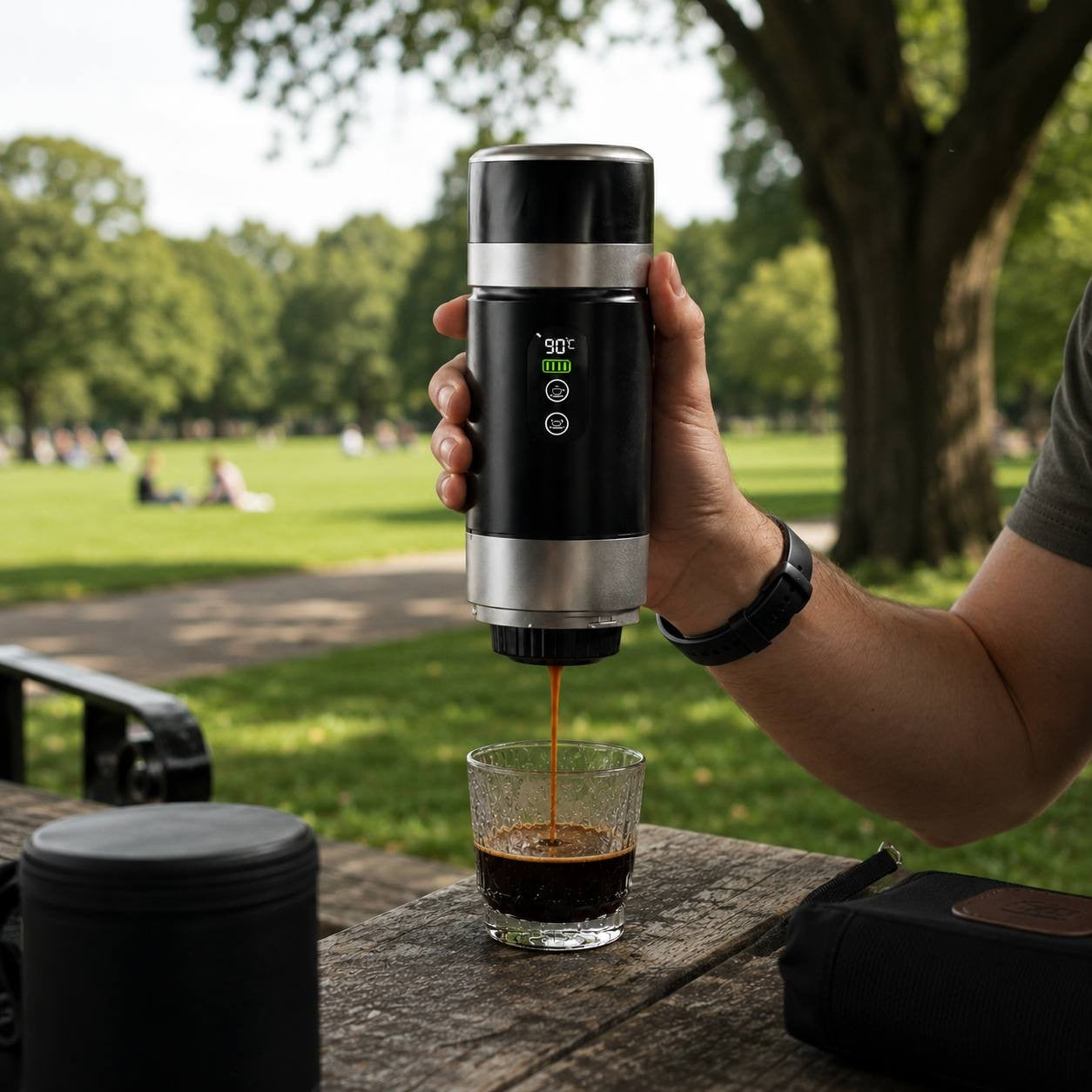Hand holding a black electric portable espresso maker pouring freshly brewed coffee into a glass cup on an outdoor stone table.