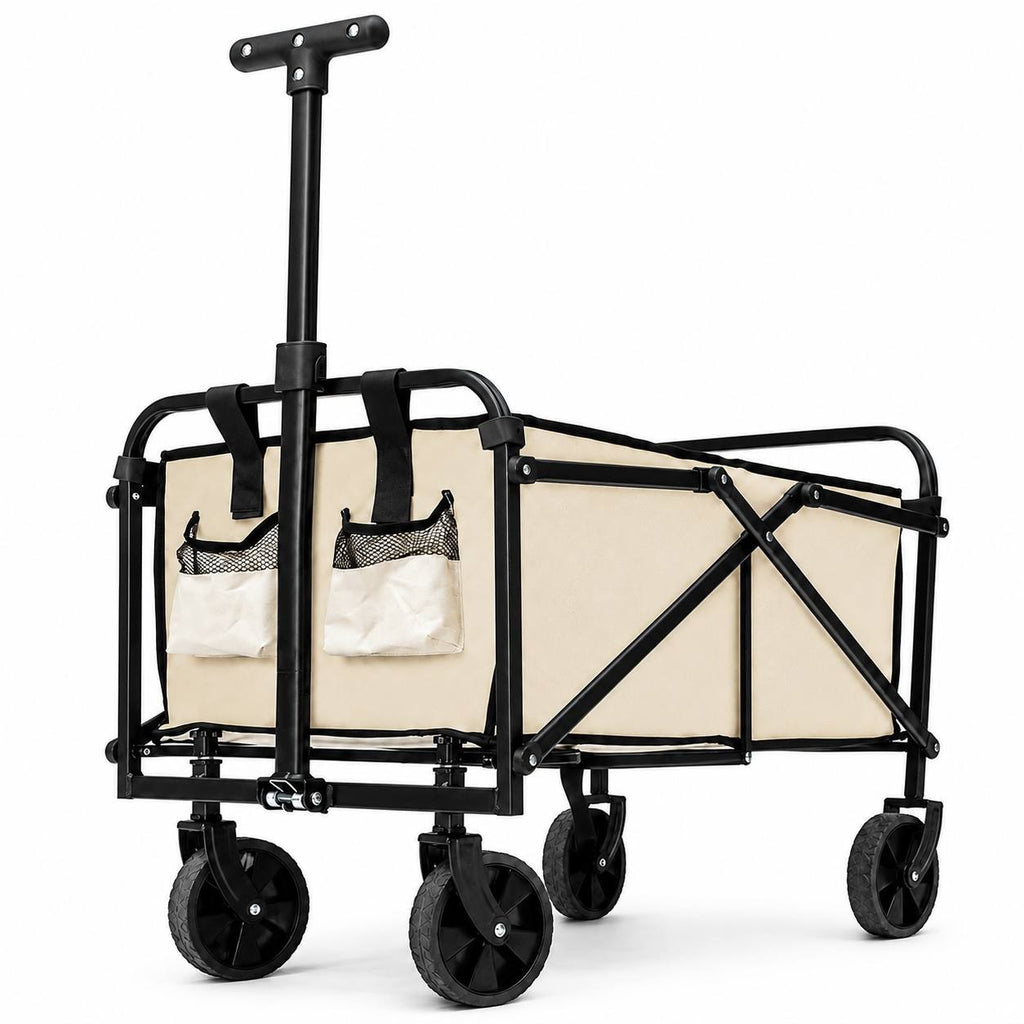 Beige collapsible utility garden cart with a black metal frame, telescoping handle, and large wheels, isolated on a white background.