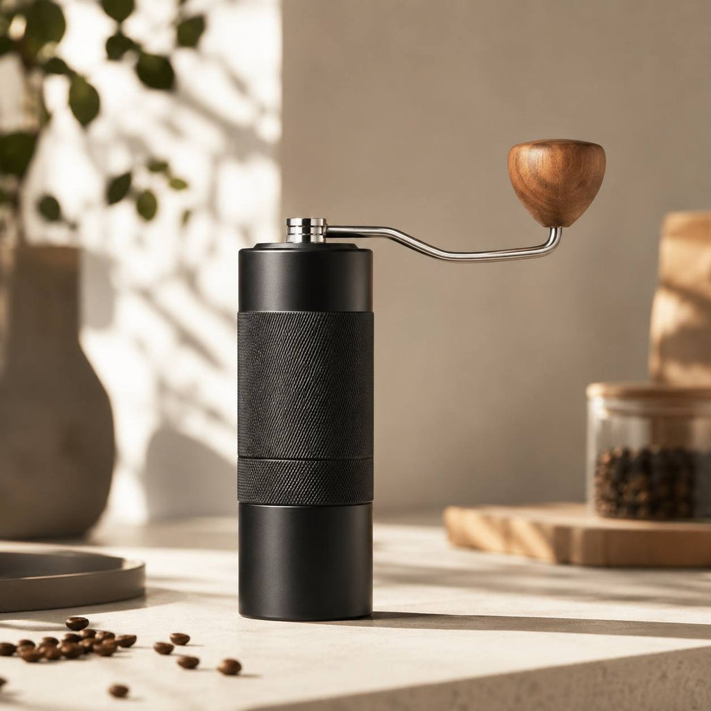 Minimalist matte black manual coffee grinder with a textured aluminum body and a wooden handle on a bright modern kitchen counter.