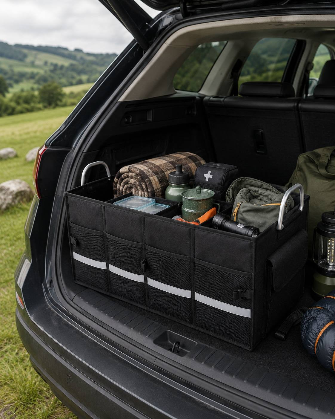 A black collapsible car boot organizer filled with travel gear, a rolled blanket, water bottles, and a first aid kit, placed inside the trunk of a dark SUV parked with a scenic countryside and hills in the background.