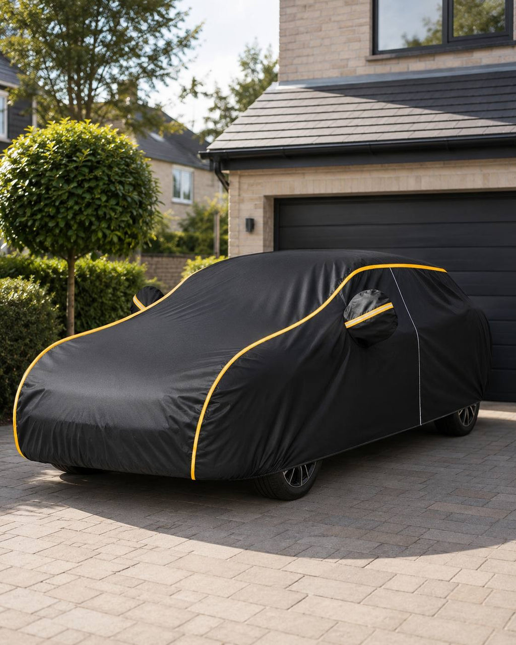 A black car cover fitted securely over a car parked on a paved driveway in front of a modern house and garage.