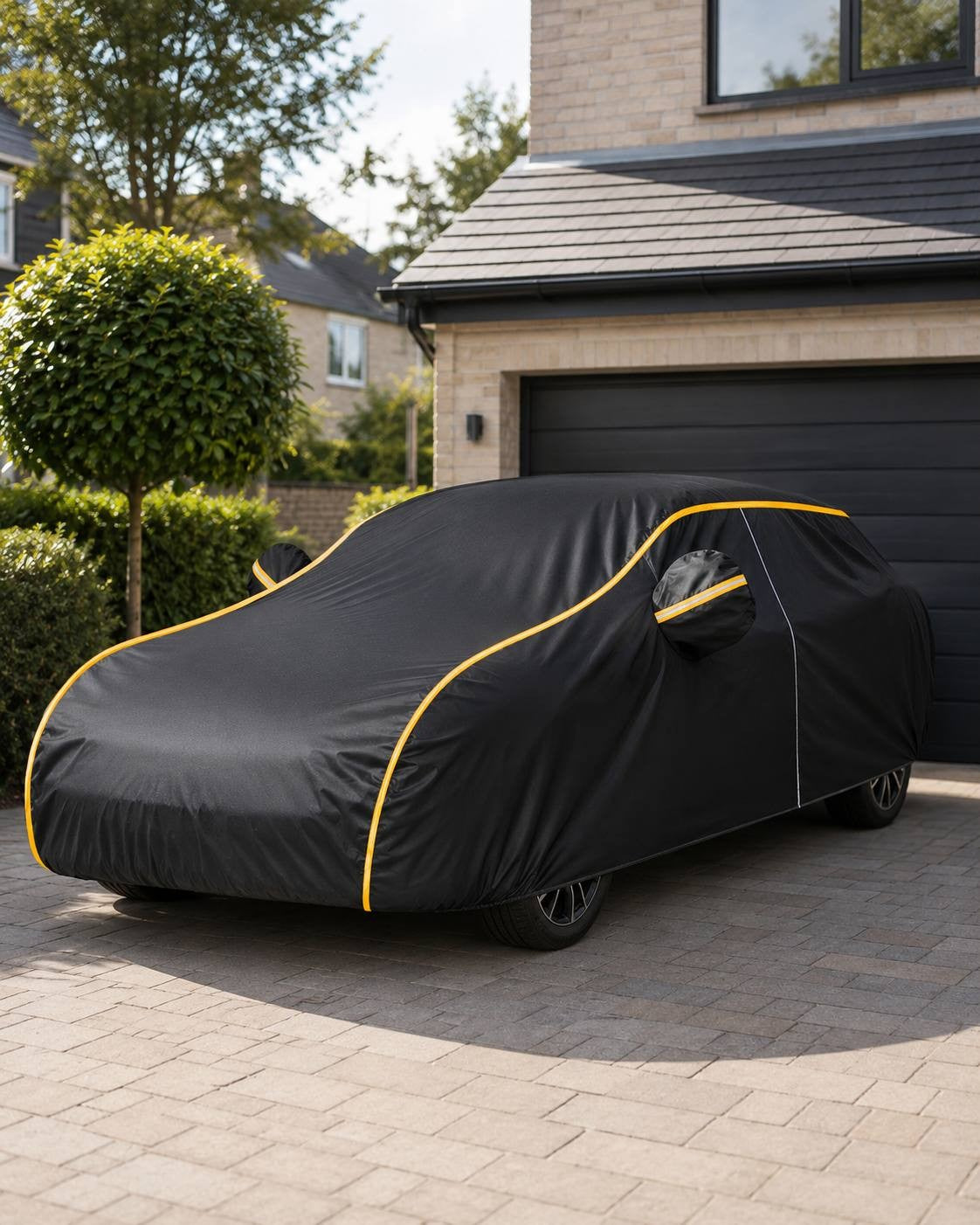 A black car cover fitted securely over a car parked on a paved driveway in front of a modern house and garage.