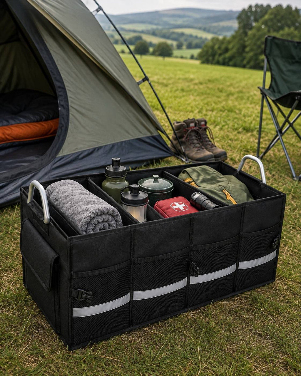 A black collapsible car trunk organiser filled with camping essentials such as a rolled blanket, water bottles, first aid kit, and gear, placed on the grass outside next to a pitched green tent.