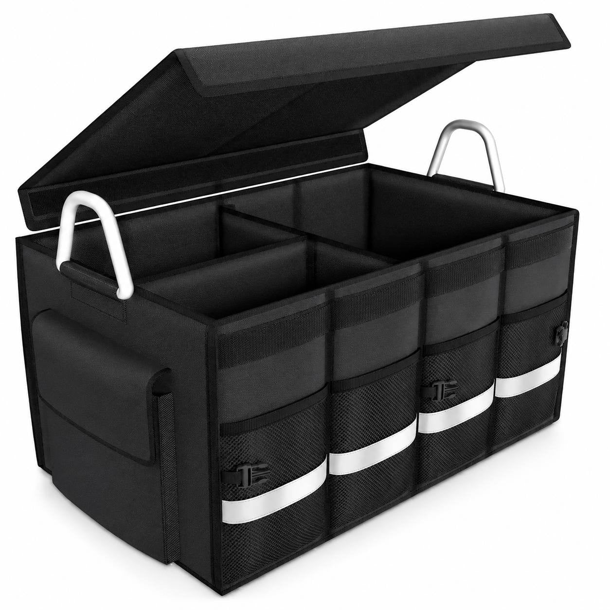 Studio product shot of a large black collapsible car boot organiser with an open lid, aluminum carry handles, mesh front pockets, reflective safety strips, and divided interior compartments against a white background.