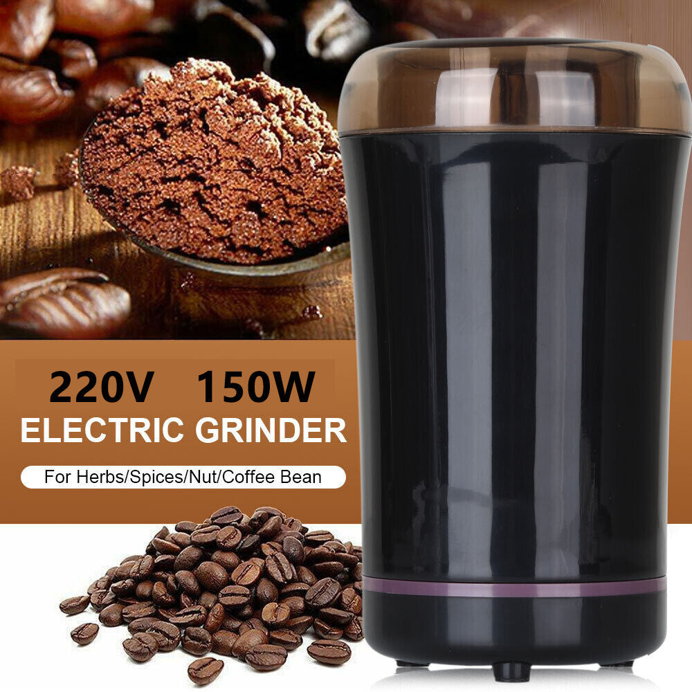 Product photo of the black electric grinder with infographic overlay showing 220V, 150W, and various grindable items.