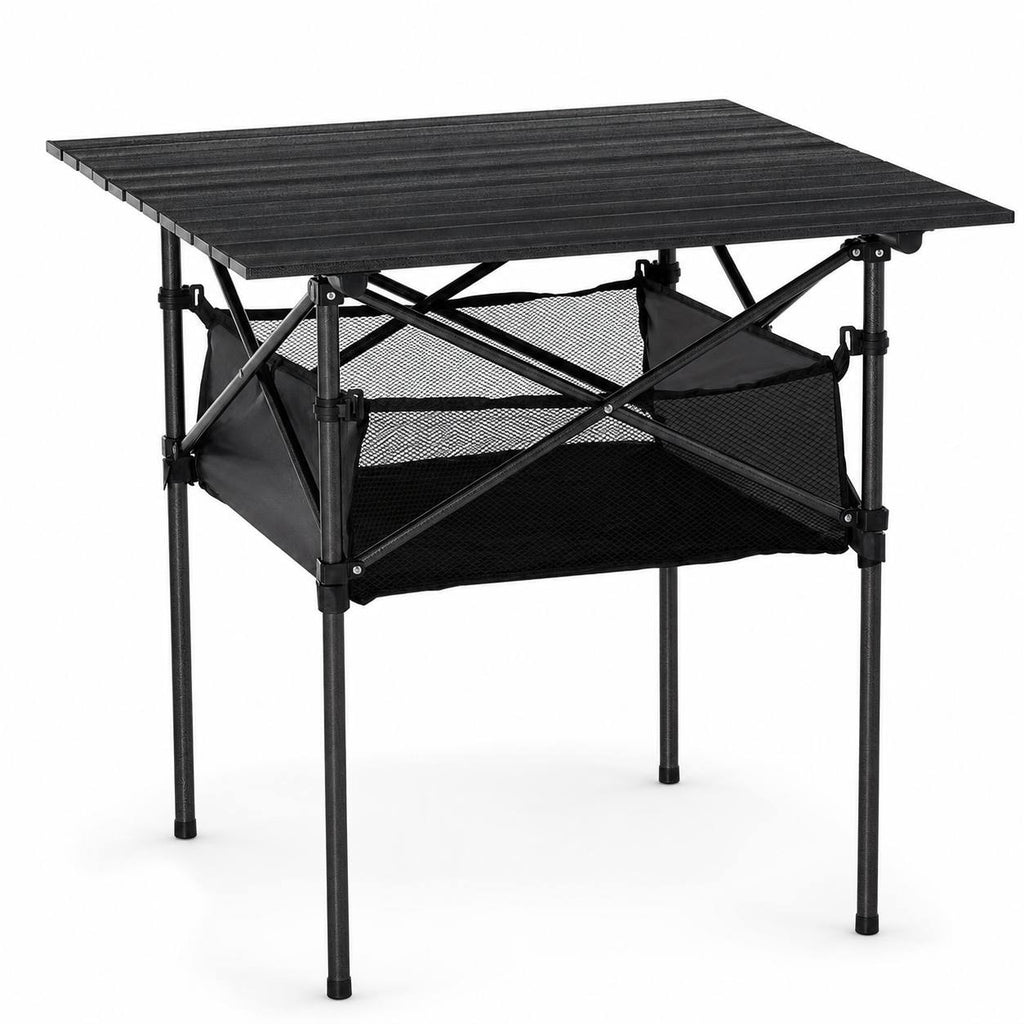 A studio product shot of a square black folding camping table with slatted top and an integrated lower mesh storage bag against a clean white background.