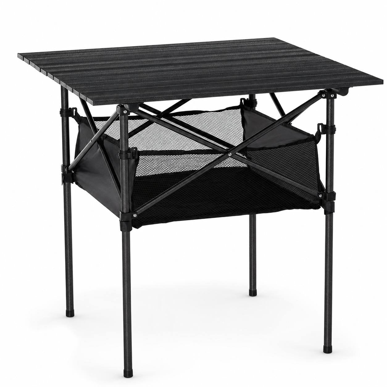 A studio product shot of a square black folding camping table with slatted top and an integrated lower mesh storage bag against a clean white background.