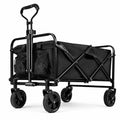 Black folding utility wagon with a sturdy frame, pull handle, and mesh side pockets isolated on a white background.