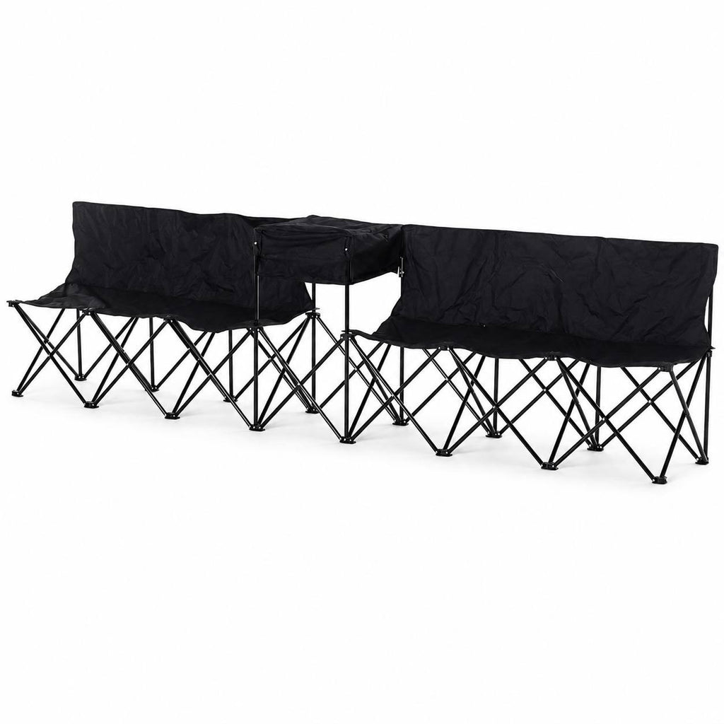 Set of black collapsible outdoor benches with a built-in central table and backs, isolated on a white background.