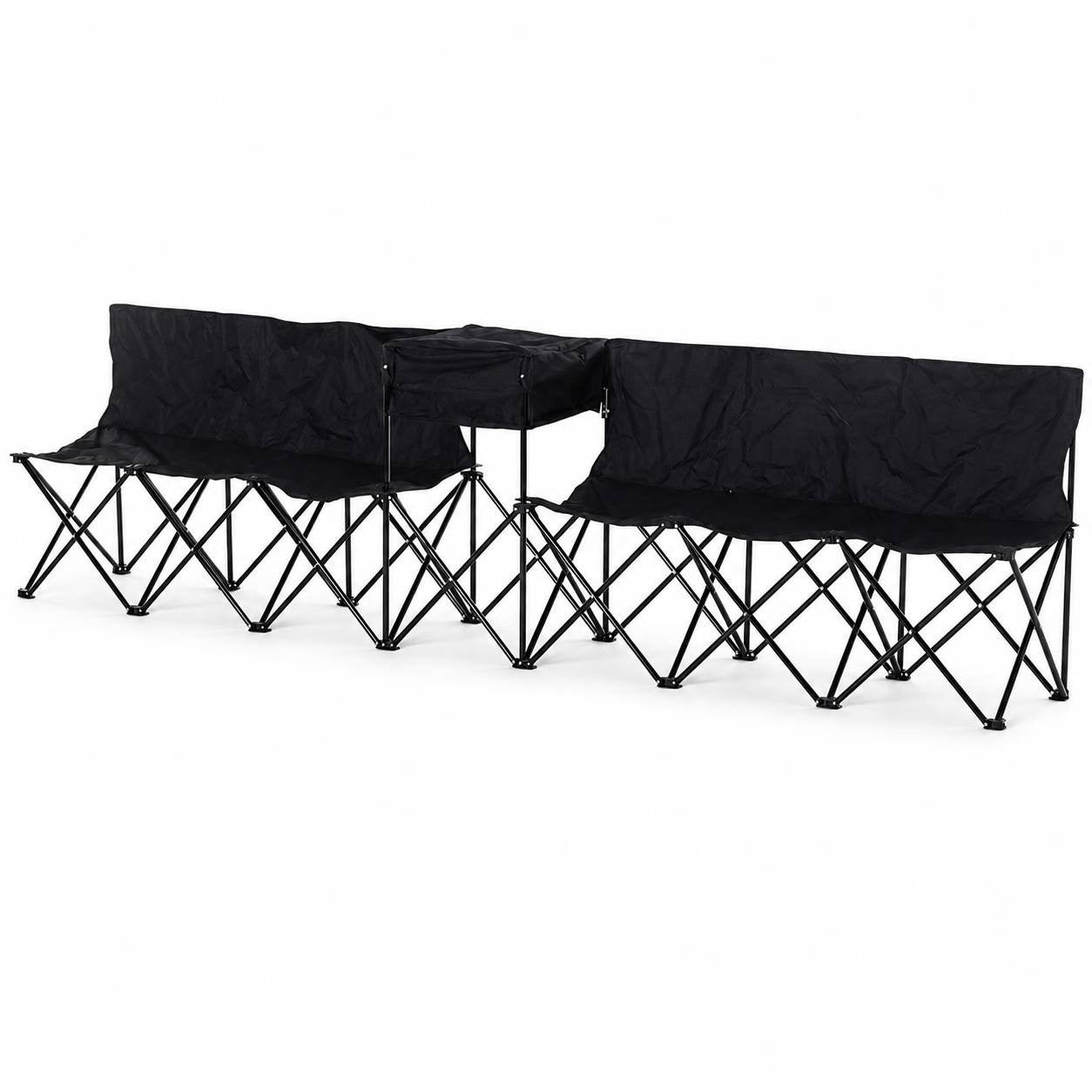 Set of black collapsible outdoor benches with a built-in central table and backs, isolated on a white background.