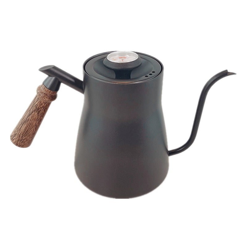 Black gooseneck kettle with wooden handle on a white background