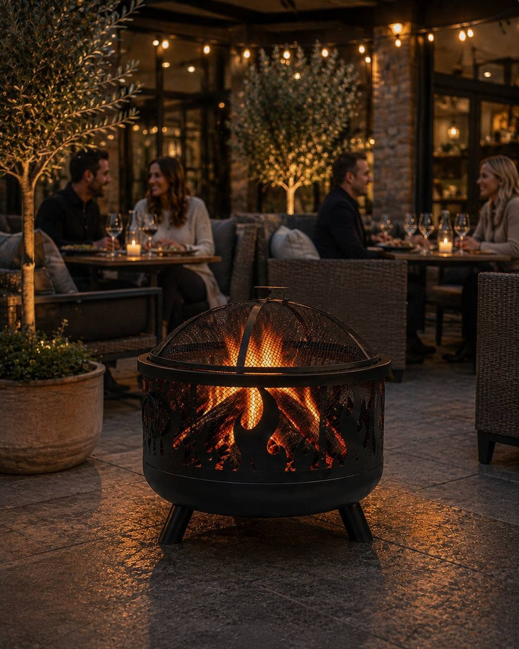 Black metal fire pit with a burning wood fire on a paved outdoor terrace of a restaurant at dusk, with people sitting at tables in the background.