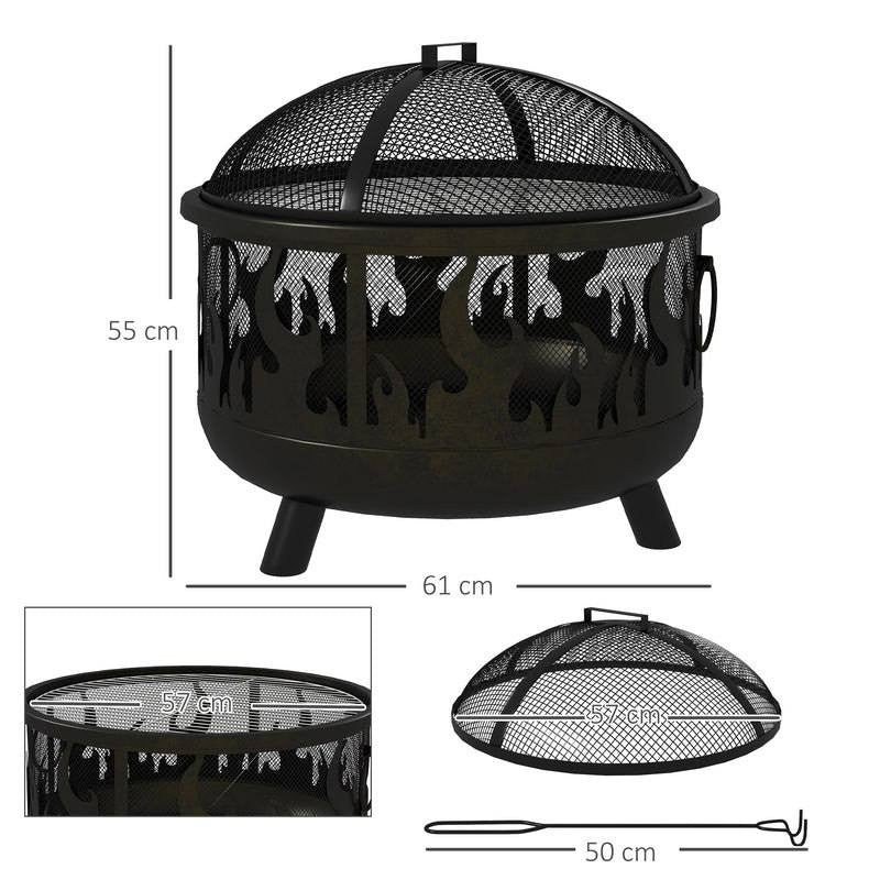 Diagram of a black metal fire pit showing measurements of height (55 cm), diameter (61 cm), grill grate (57 cm), and poker length (50 cm) on a white background
