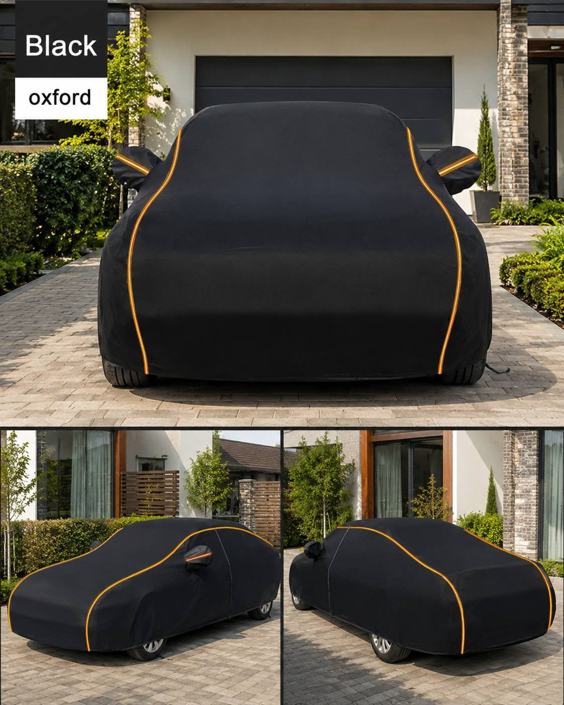 A promotional collage featuring a black oxford fabric car cover fitted over a car, shown from a front-on view and two side angles on a paved driveway.