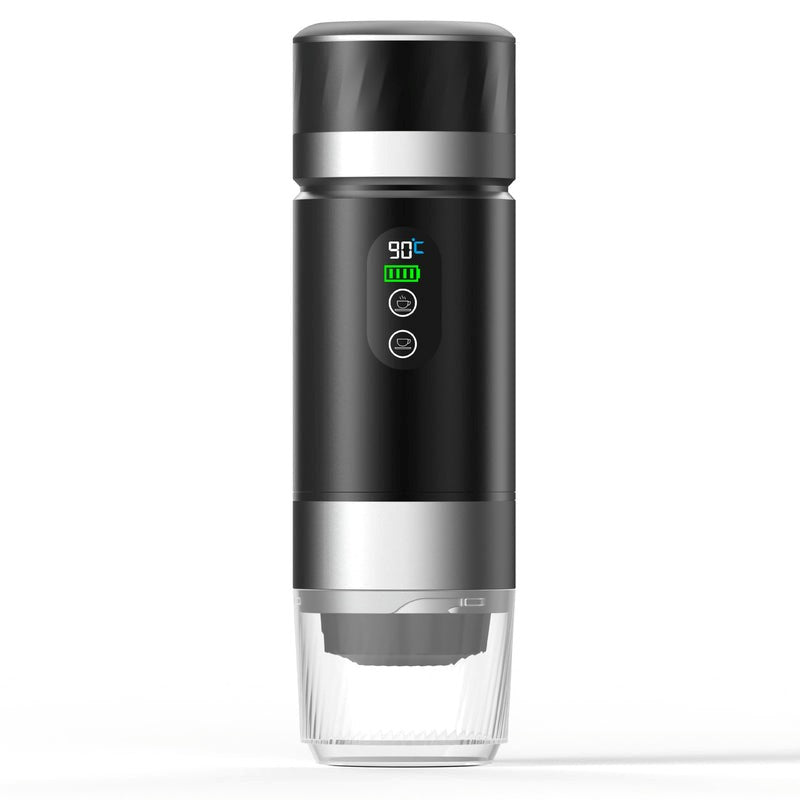 Black portable espresso maker digital display.
