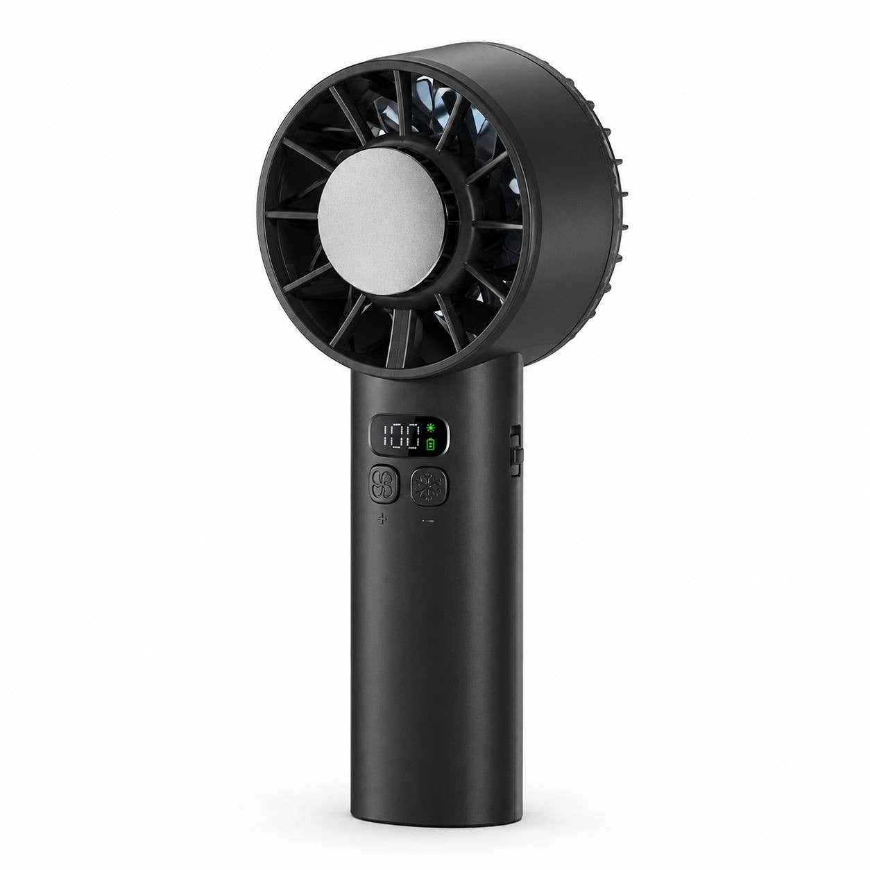 Studio product shot of a black portable handheld cooling fan featuring a digital display, control buttons, and a central cooling plate against a plain white background.
