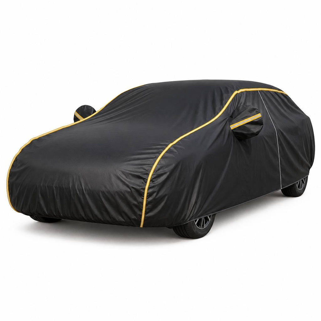 Studio product shot of a black waterproof car cover with yellow trim and mirror pockets on a clean white background.