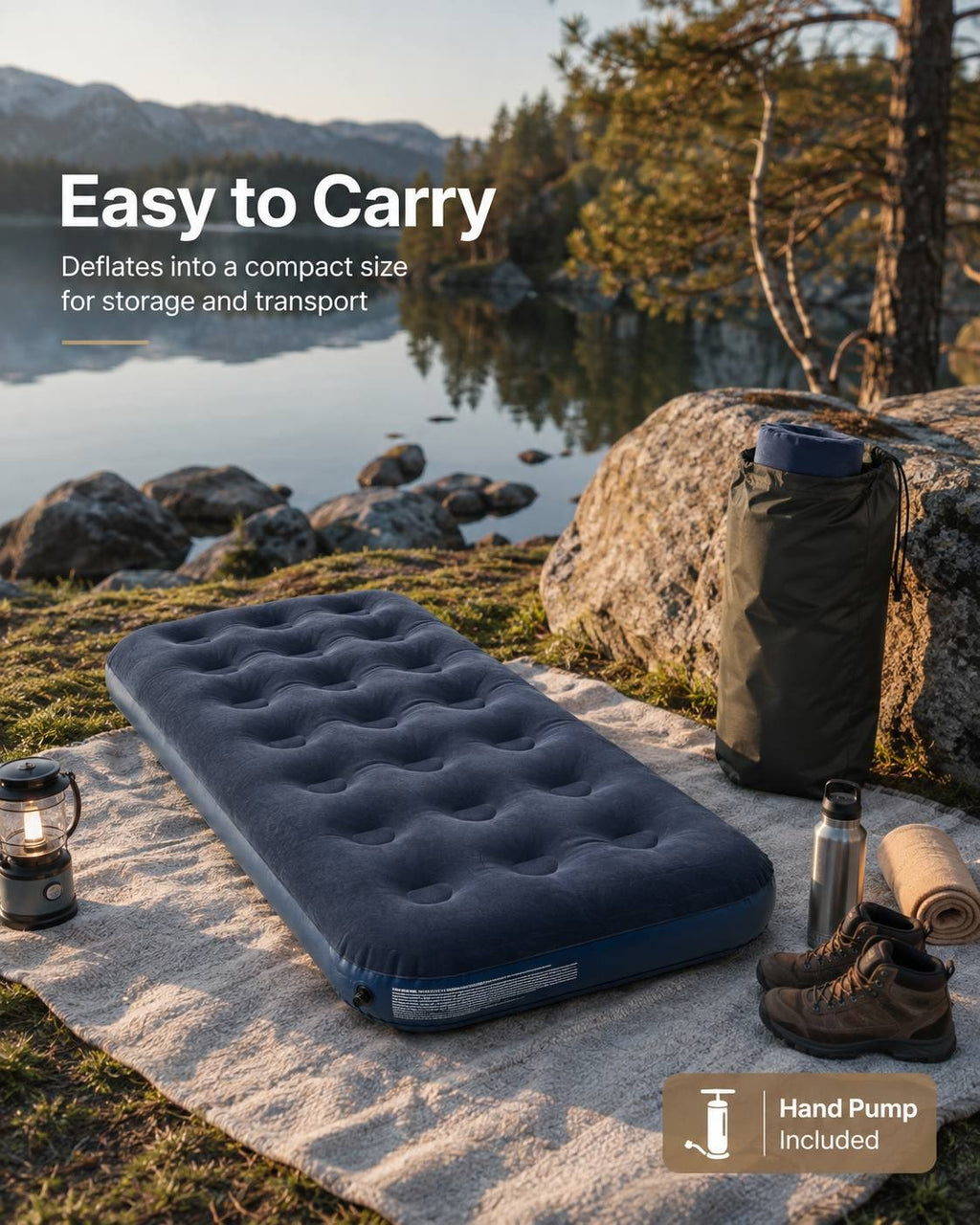 Blue air mattress laid out on a blanket next to a packed carry bag and camping gear by a mountain lake.