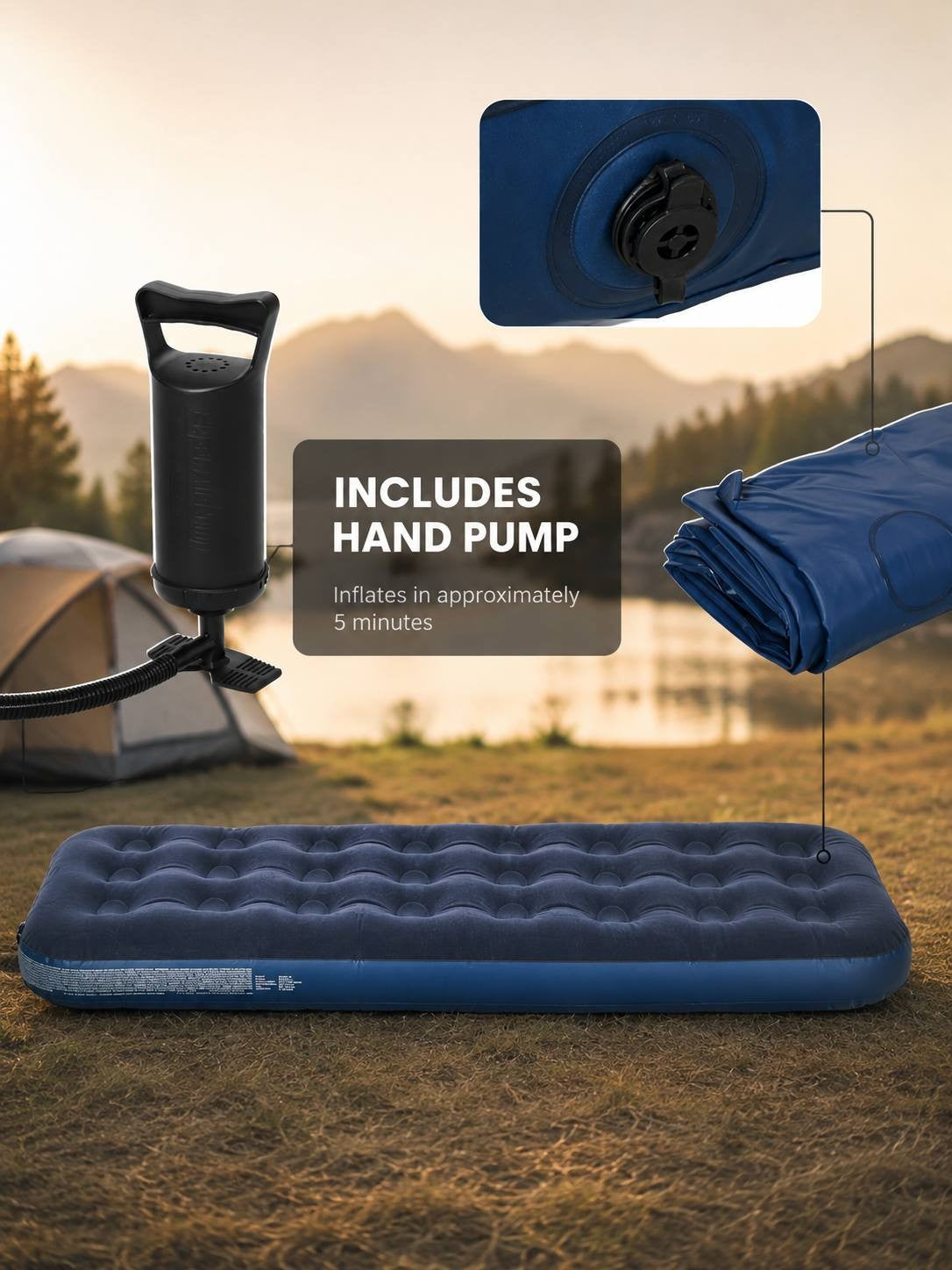 Infographic demonstrating the hand pump, inflation valve, and folding process for a blue air mattress at a campsite.