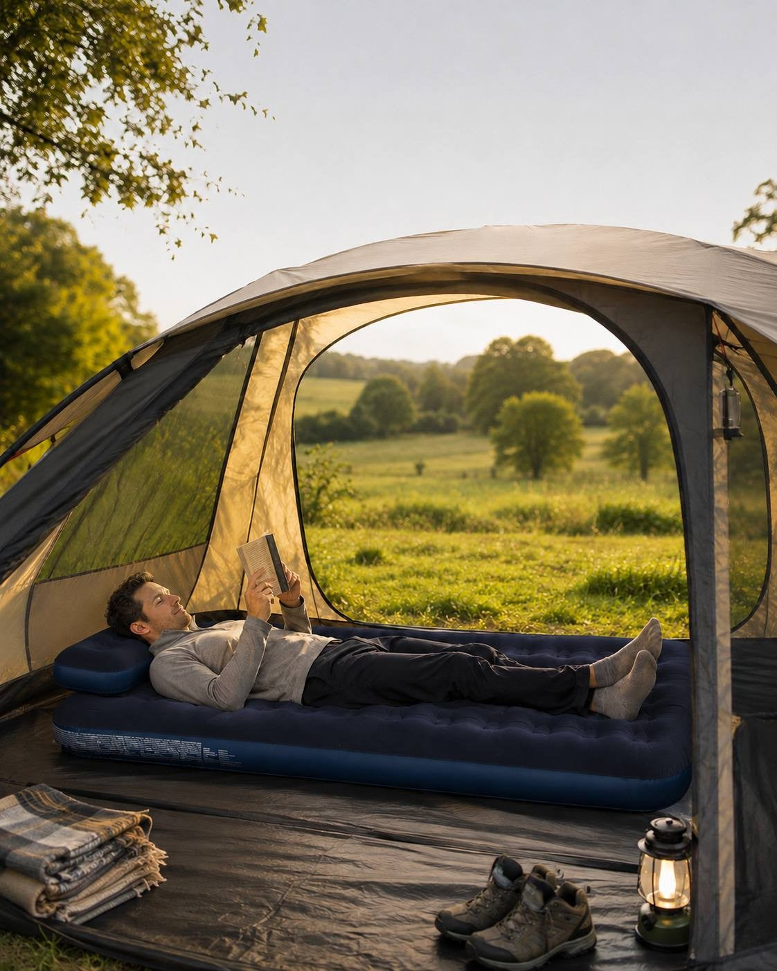 Man lying comfortably and reading a book on a blue air mattress inside a camping tent overlooking a green field.