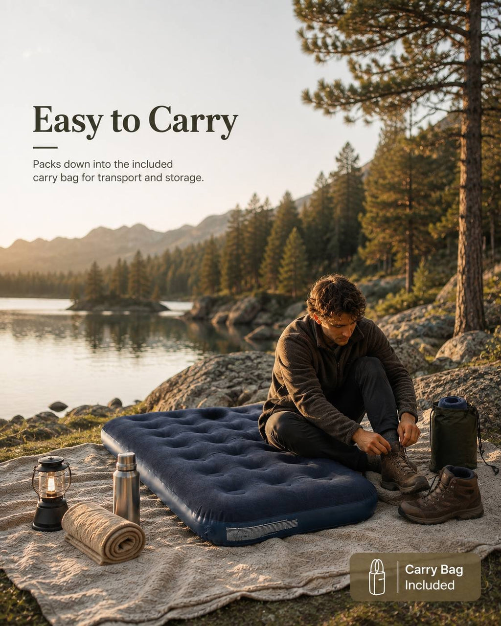 Man sitting on the ground tying his boots next to a blue inflatable air mattress spread out on a blanket by a mountain lake.