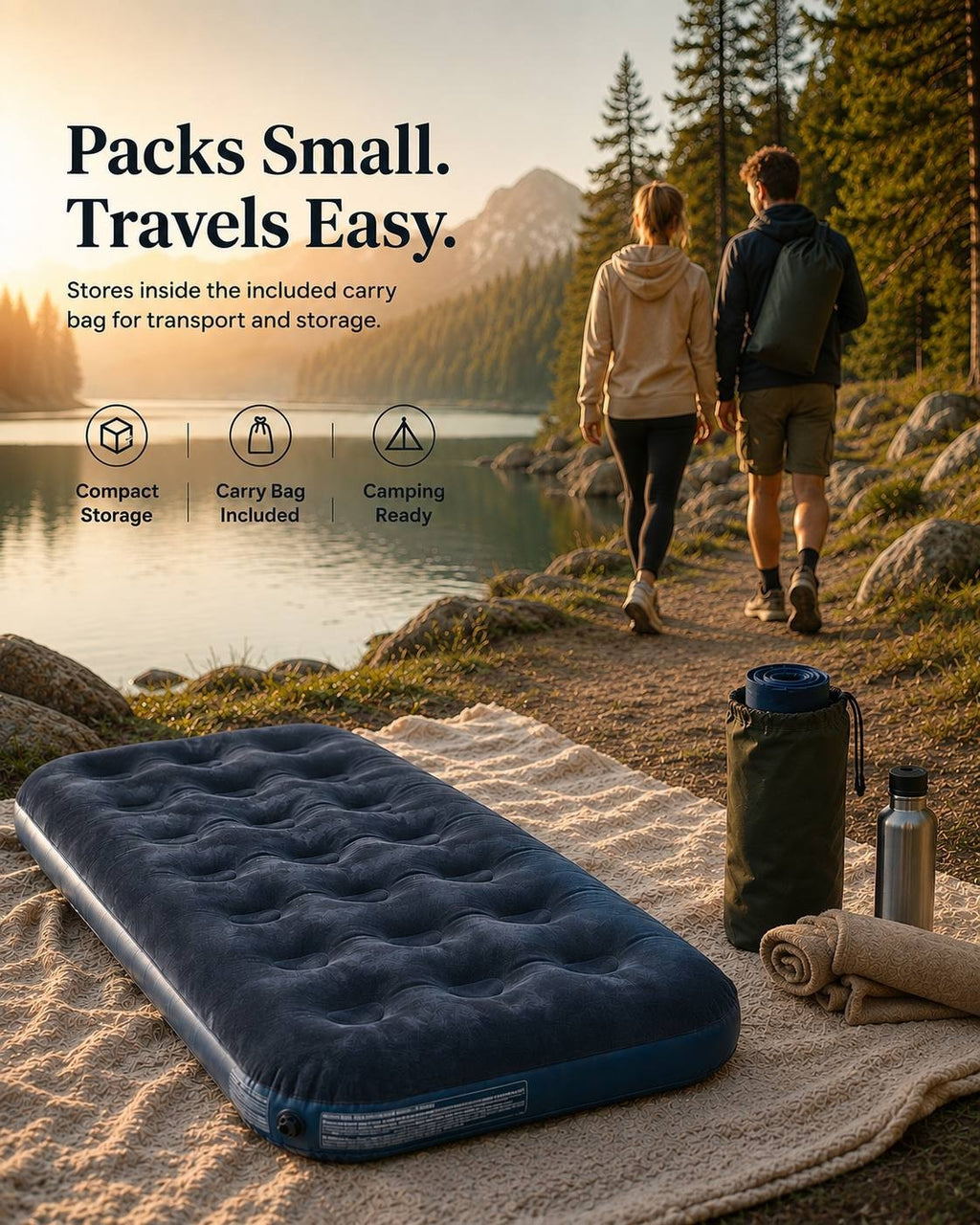 Couple walking along a lakeside trail with a blue air mattress and camping accessories laid out on a blanket in the foreground.