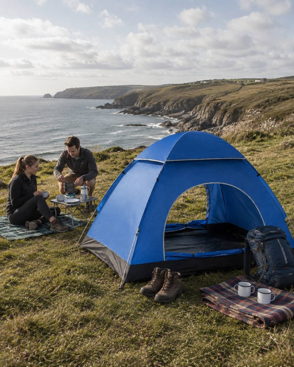 A scenic camping setup on a seaside cliff featuring a blue automatic tent, hiking boots, a backpack, and a couple enjoying hot drinks by a portable camp table.