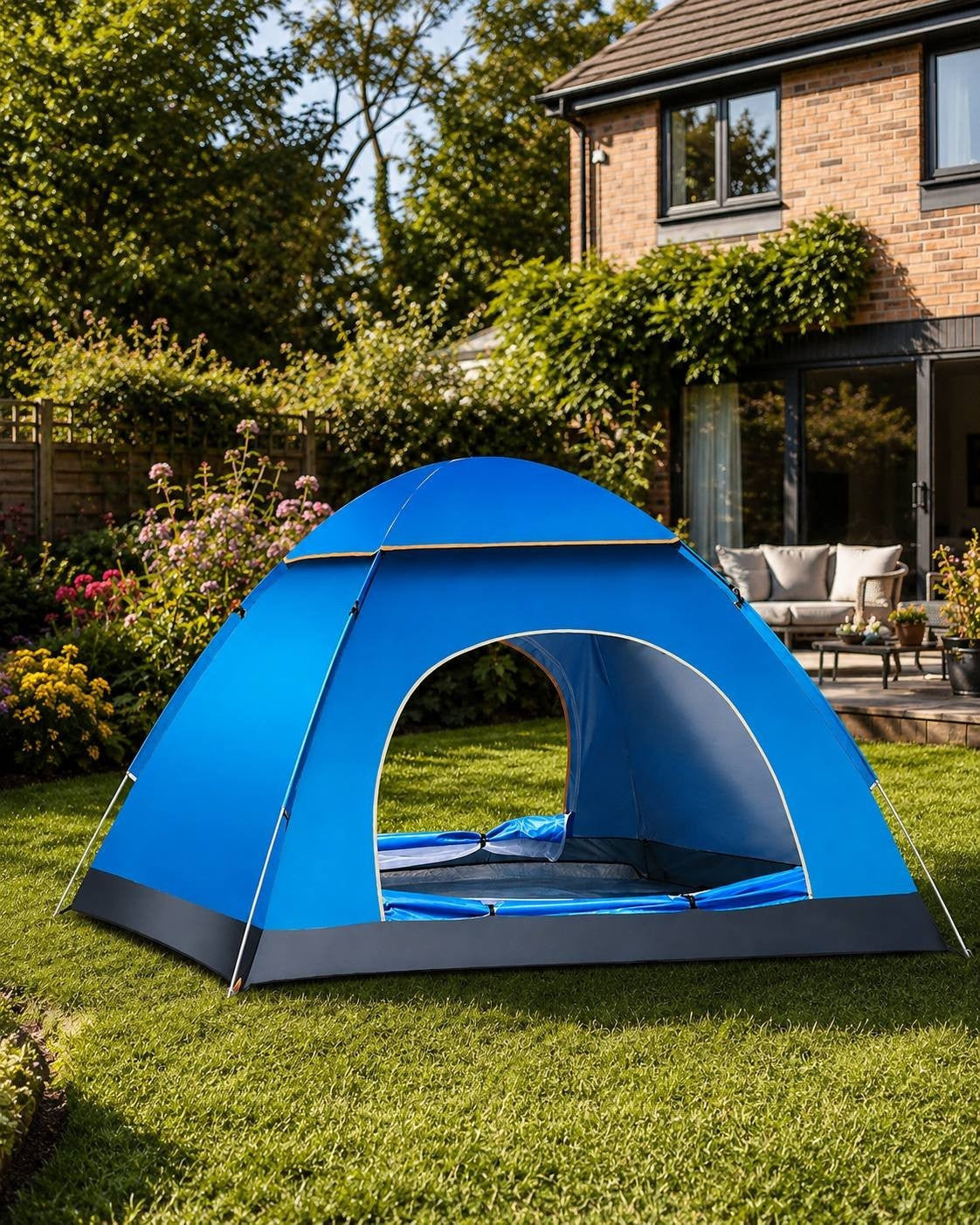 Blue camping tent set up on the green grass in a backyard near a house.