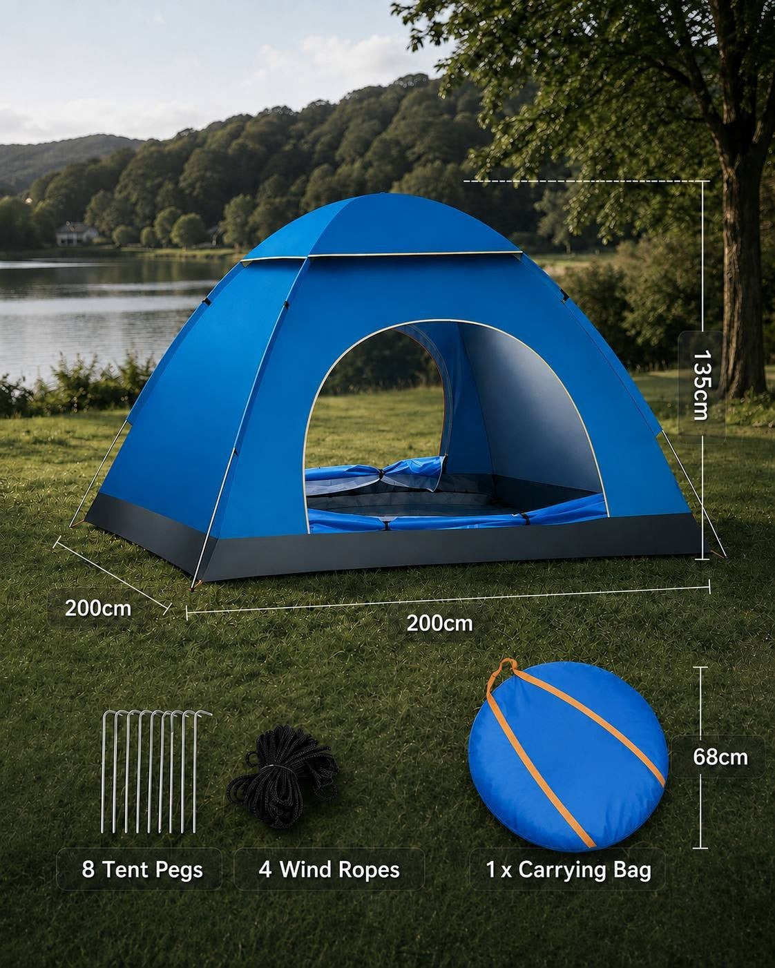 Infographic displaying the dimensions of a blue camping tent along with tent pegs, wind ropes, and a carrying bag.