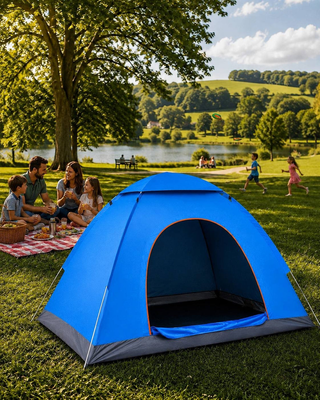 Family having a picnic on the grass near a blue camping tent by a lake.