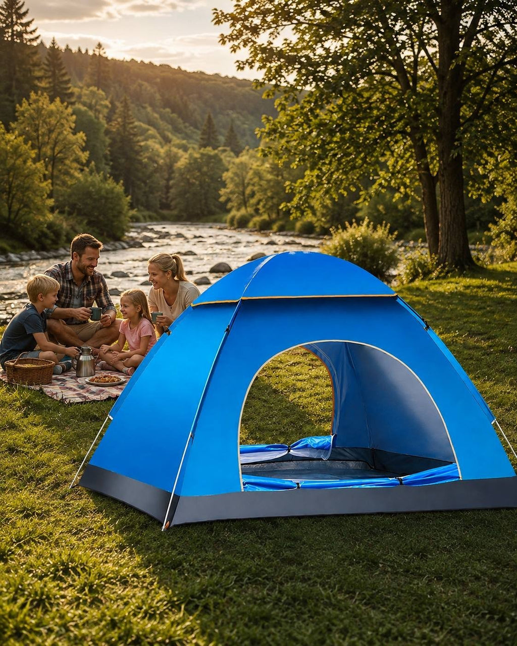 Family having a picnic on the grass next to a blue camping tent near a river.