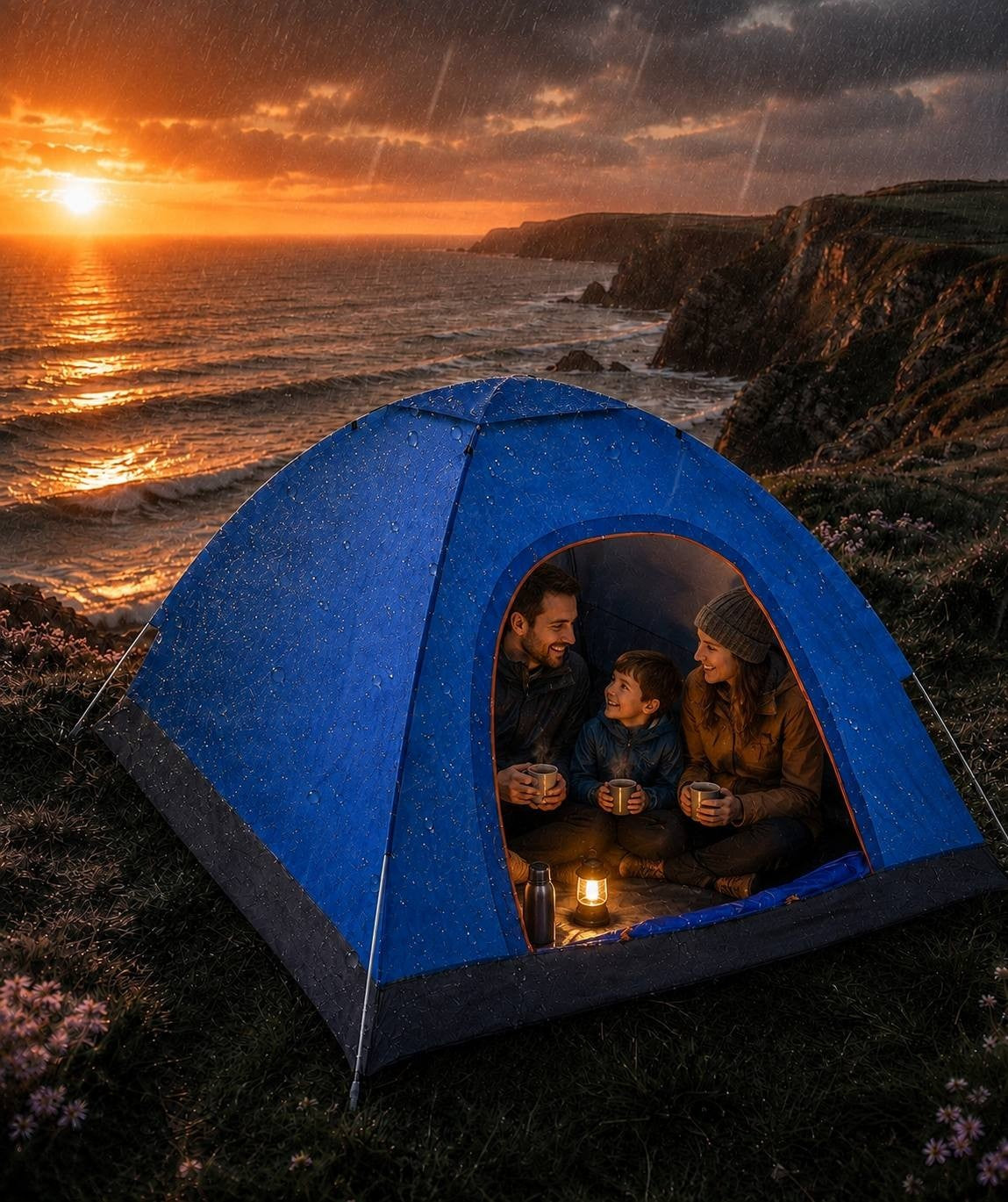 Family sitting inside a blue camping tent holding cups during a rainy evening by the ocean.