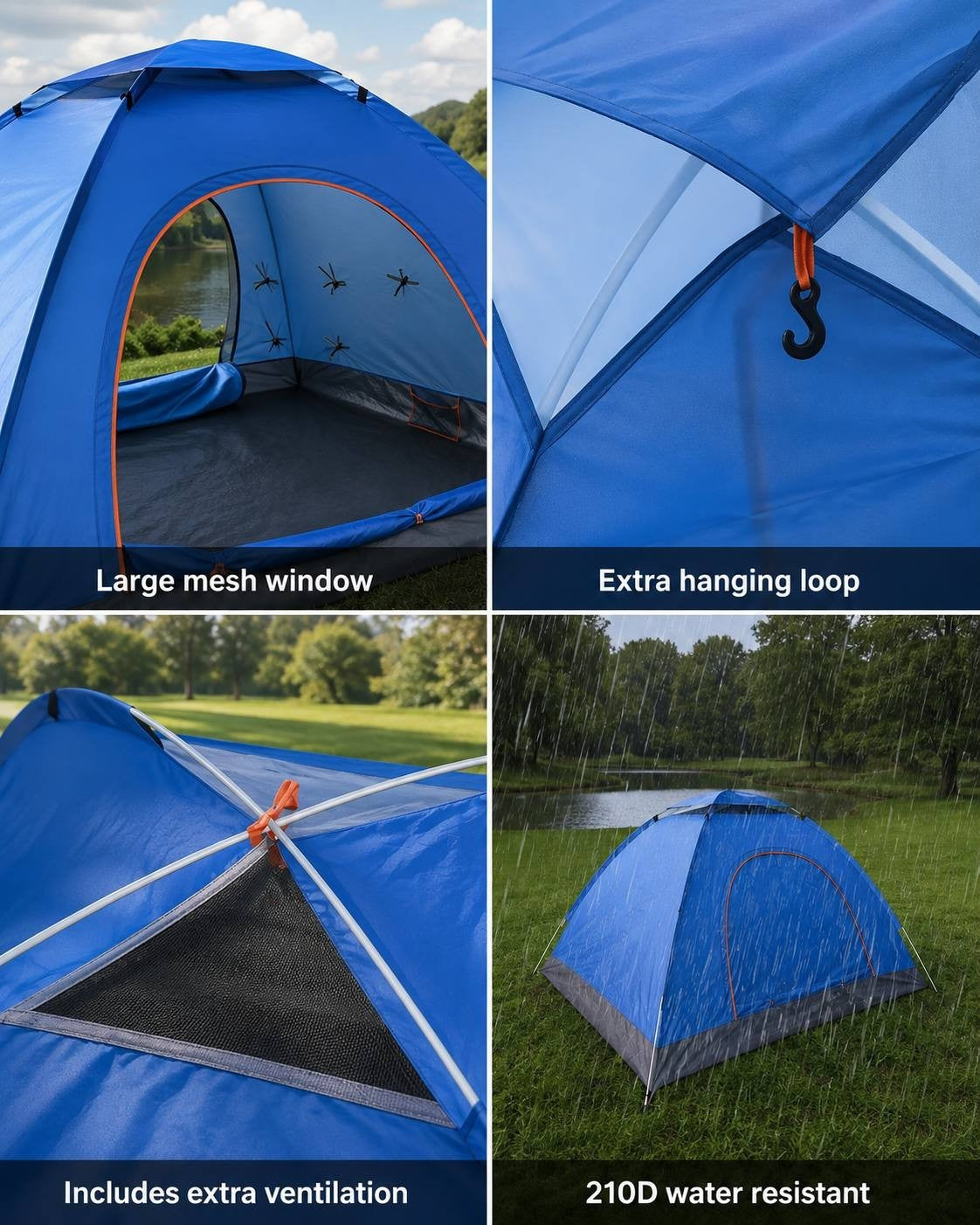 Four-panel image showing the mesh window, hanging loop, top ventilation, and water resistant fabric of a blue camping tent