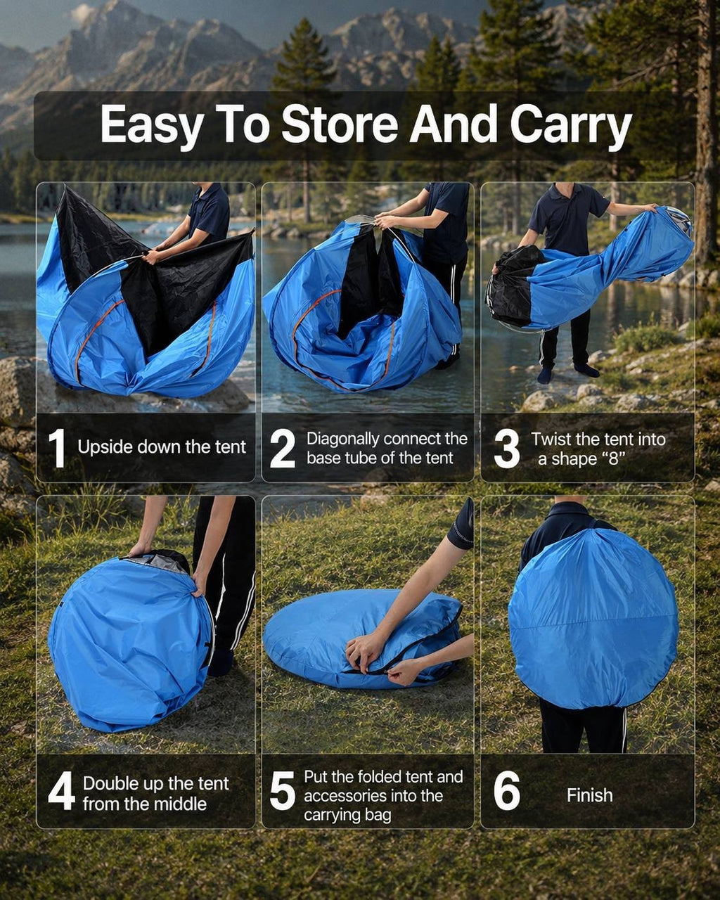 Six-step instruction guide showing a person how to fold and pack a blue camping tent into its carrying bag.