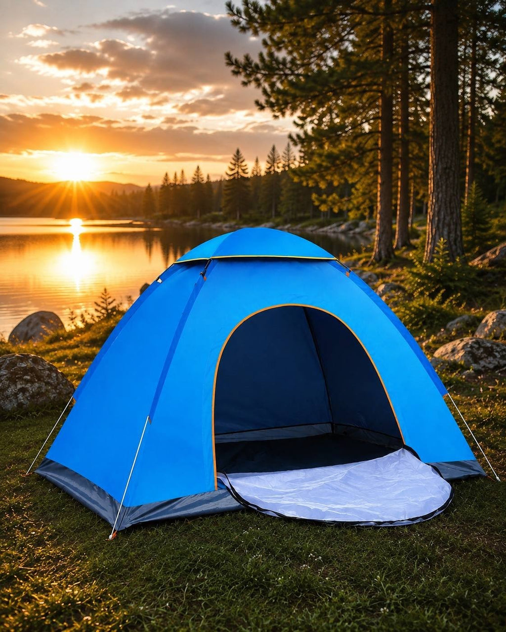 Blue camping tent pitched near a lake during a sunset with trees in the background.