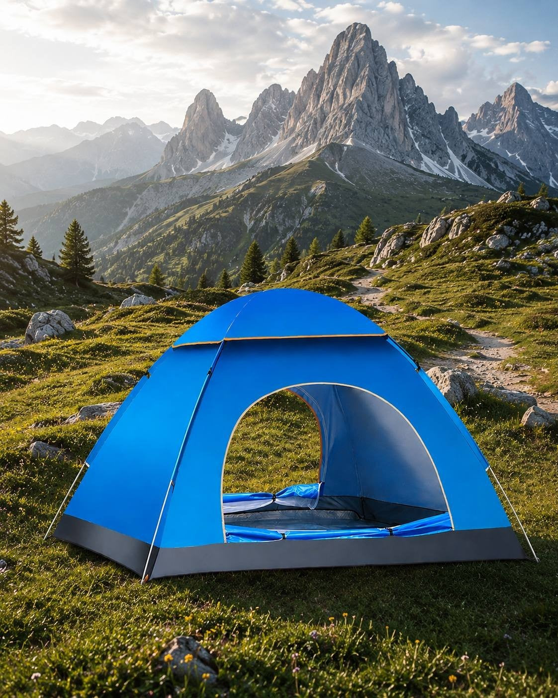 Blue camping tent set up on a grassy hill with mountains in the background.