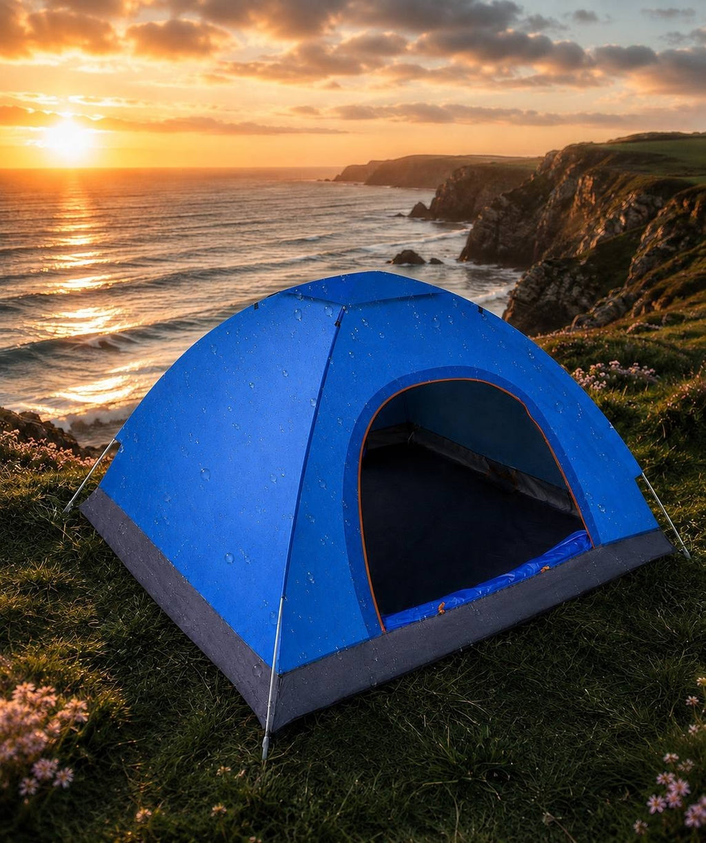 Blue camping tent on a cliff overlooking the ocean during sunset.