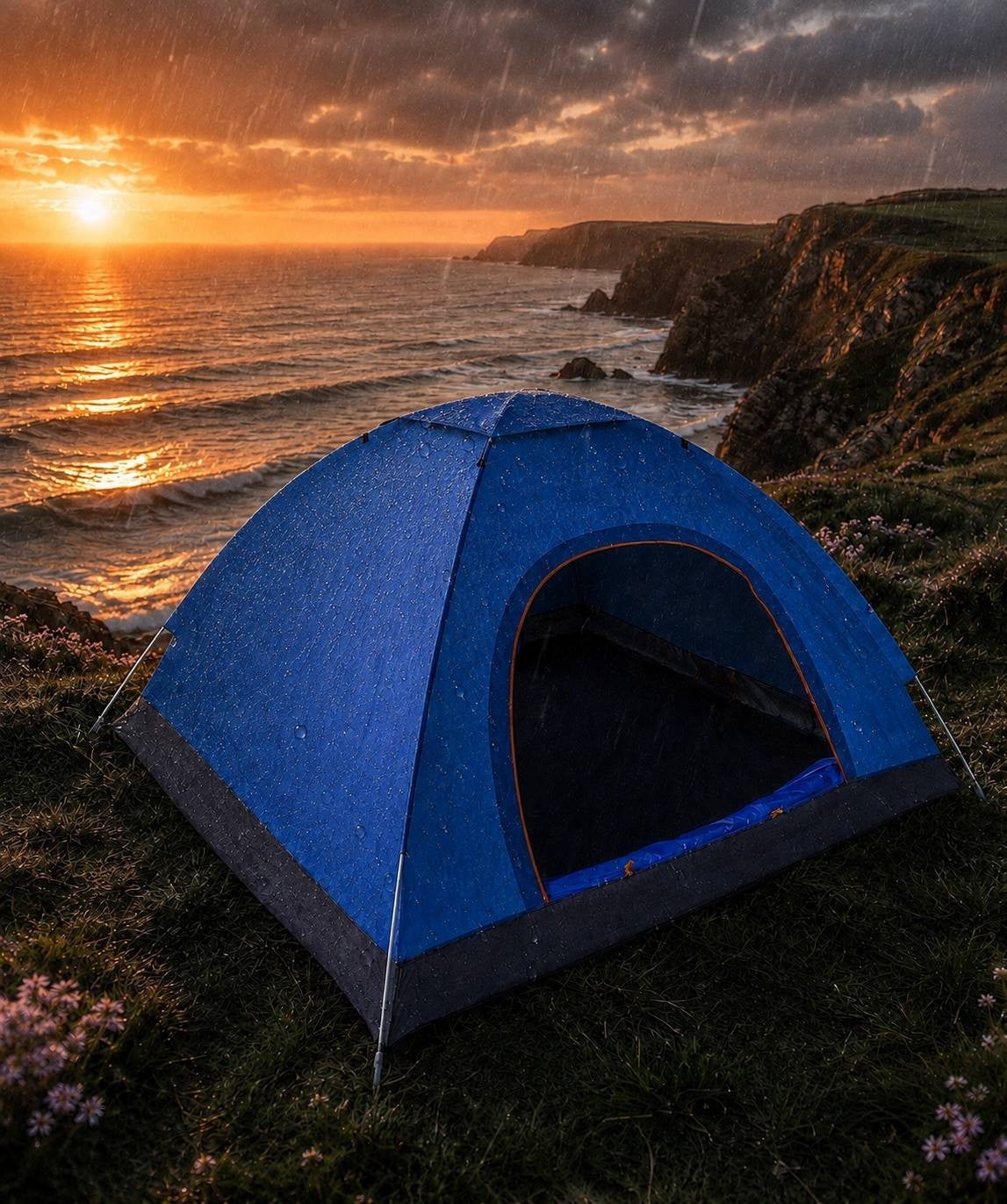 Blue camping tent pitched on a cliff during rain with an ocean sunset in the background.