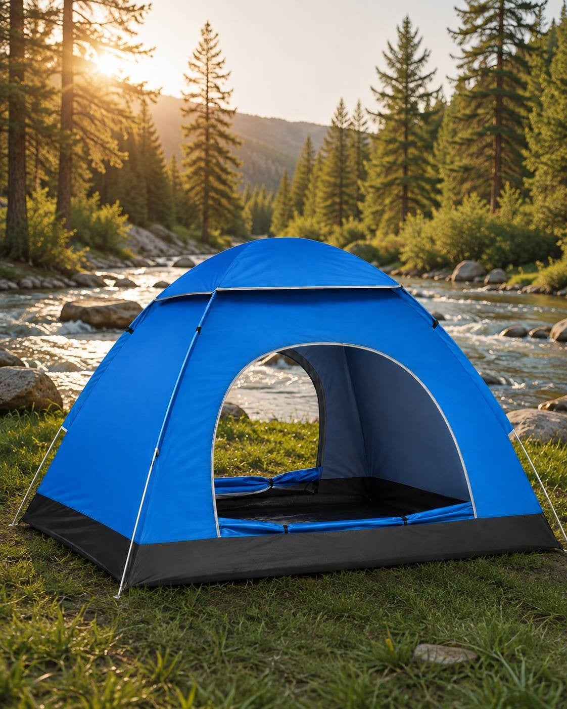 Blue camping tent set up on grass near a river and pine trees.