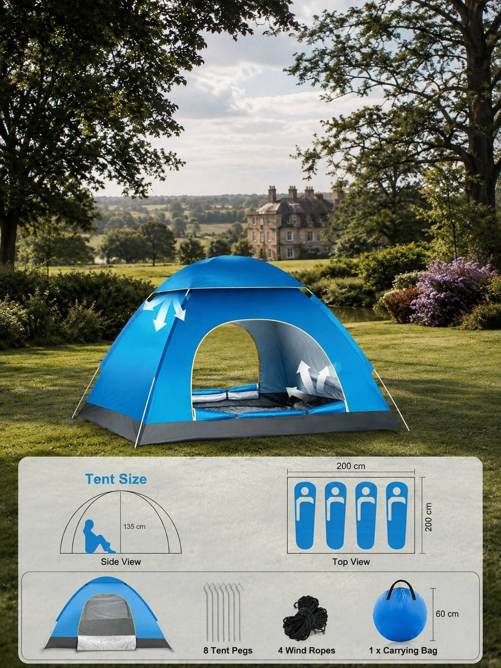 Infographic showing the dimensions, size capacity, and included accessories of a blue camping tent