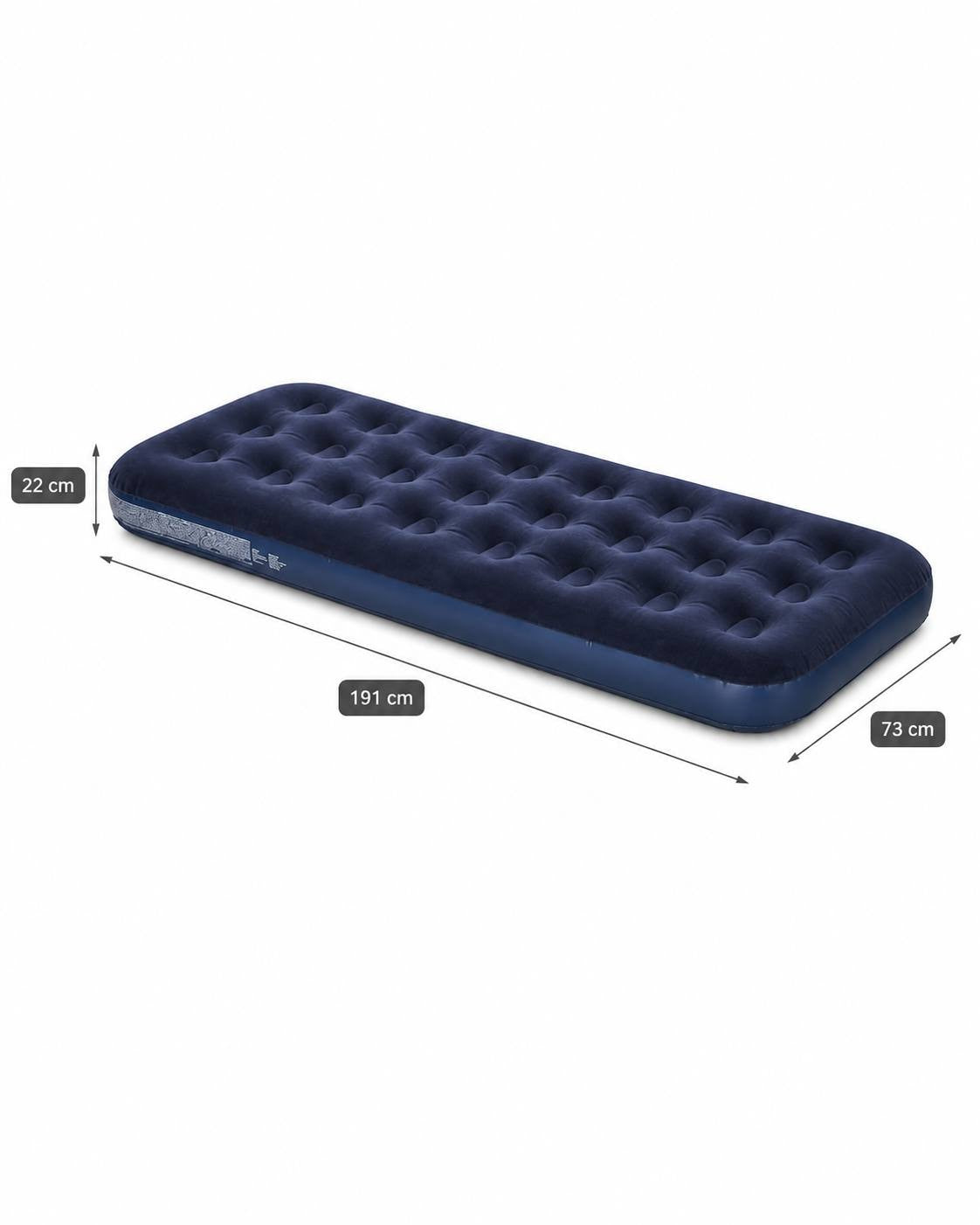 Infographic showing the full dimensions (191 cm length, 73 cm width, and 22 cm height) of a single blue inflatable air mattress isolated on a white background.
