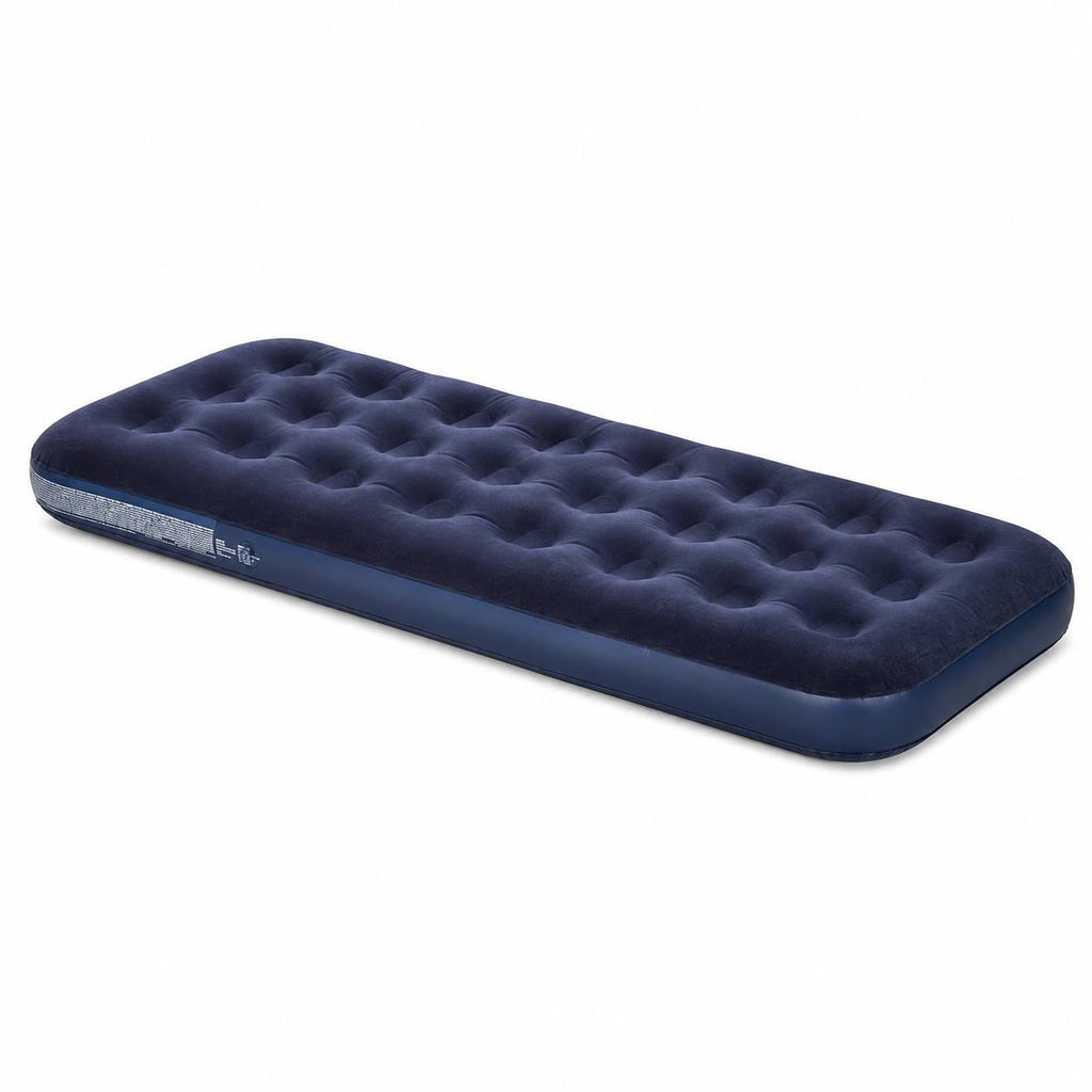 High-angle side view of a single blue flocked air mattress isolated on a white background.