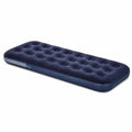 High-angle side view of a single blue flocked air mattress isolated on a white background.
