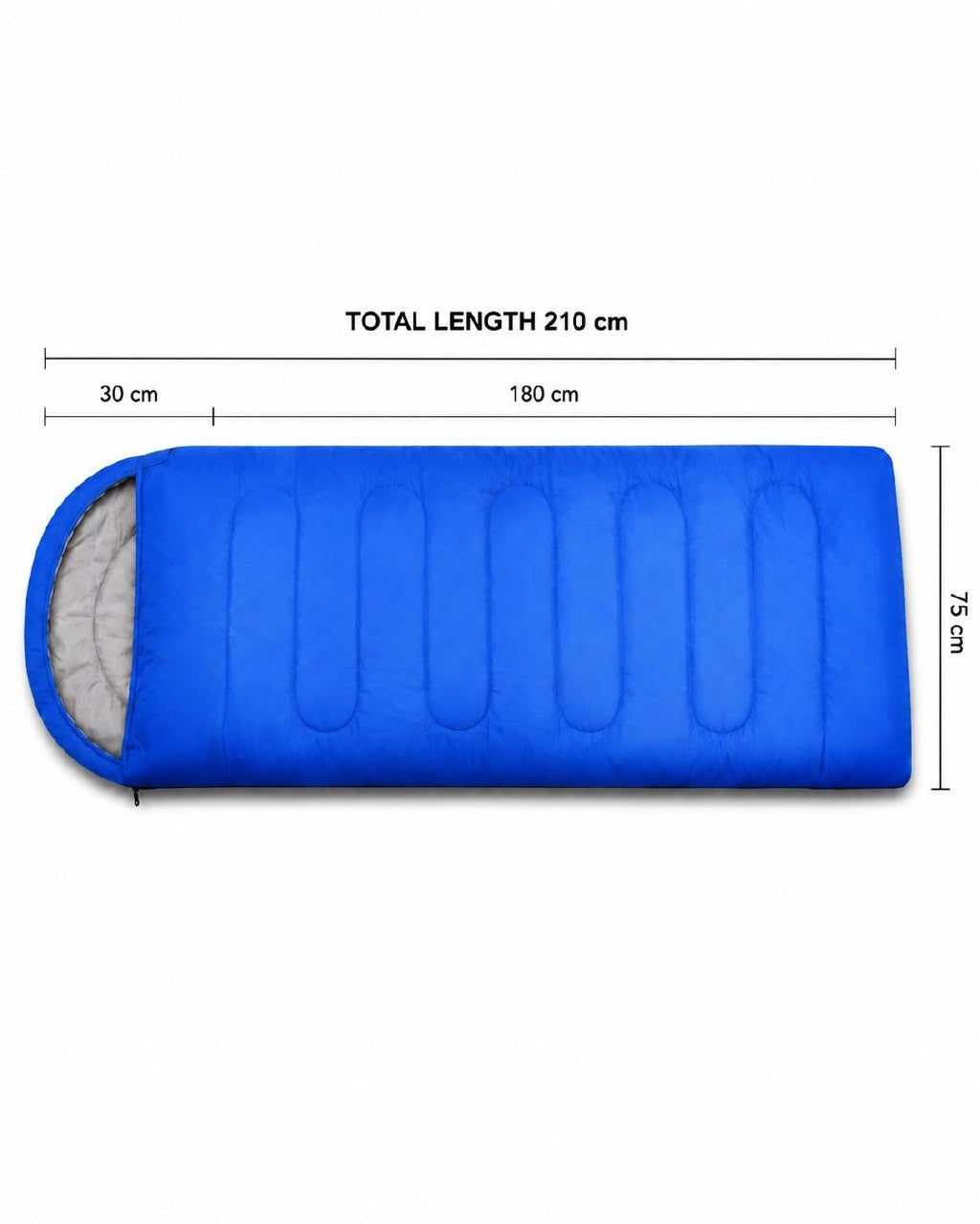 Technical dimension diagram of a blue sleeping bag showing a total length of 210 cm, width of 75 cm, hood section of 30 cm, and main body length of 180 cm on a white background.